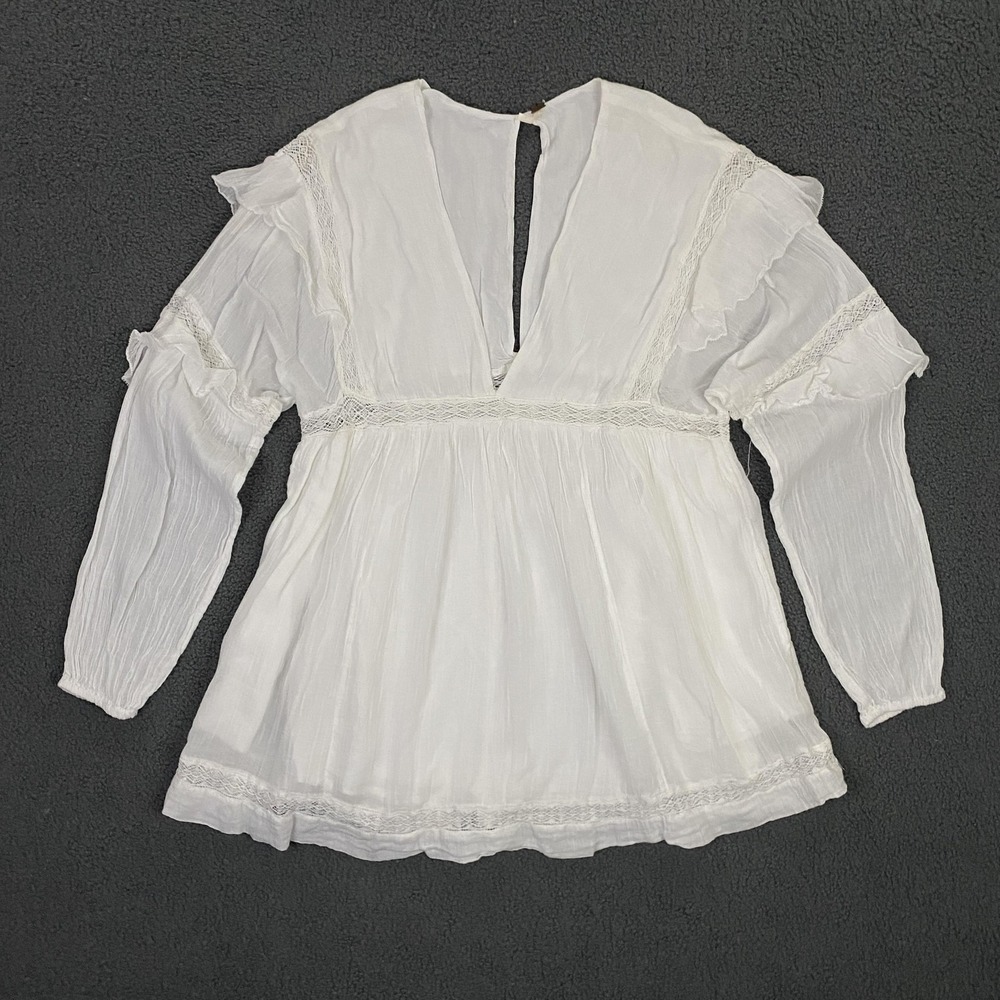 Free People Romper Dress Womens XS White Mini Ruffle Lace Gauze Boho Sheer